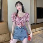 Floral Puff-sleeve Cropped Blouse / Shirred Mini A-line Dress