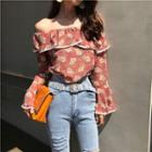 Floral Print Off-shoulder Bell-sleeve Chiffon Top