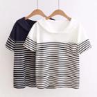 Letter Embroidered Collared Striped Short Sleeve T-shirt