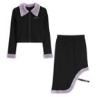 Fluffy Collared Zip Jacket / A-line Skirt