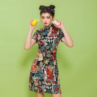 Printed Short-sleeve Qipao Dress