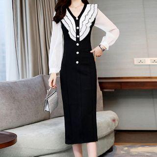 Chiffon Two-tone Long-sleeve Midi Sheath Dress