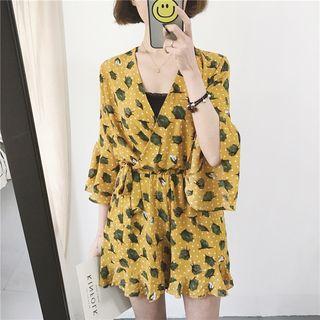 Leaf Print 3/4-sleeve Chiffon Playsuit