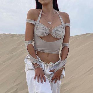 Set: Long-sleeve Cut-out Crop Top + Cropped Halter Top