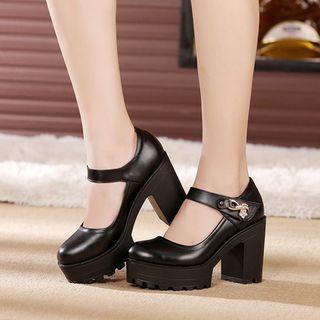 Genuine Leather Platform Buckled Block Heels
