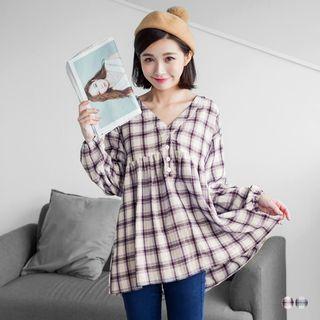 V-neck Button-up Plaid Top