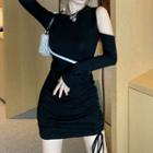 Long-sleeve Cutaway-shoulder Dress Black - One Size