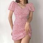 Puff-sleeve V-neck Floral Mini Bodycon Dress