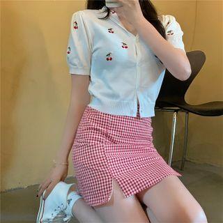 Cherry Embroidered Short-sleeve Cardigan / Gingham Mini A-line Skirt