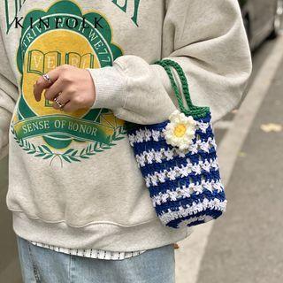Flower Detail Crochet Knit Bucket Bag