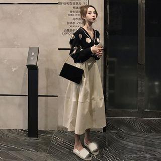 Set: Long-sleeve Polka Dot Buttoned Top + A-line Midi Skirt