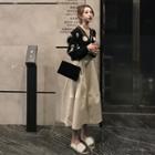Set: Long-sleeve Polka Dot Buttoned Top + A-line Midi Skirt
