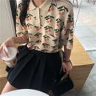 Short-sleeve Cherry Patterned Cropped Knit Top