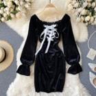 Square-neck Velvet Puff-sleeve Lace-up Strap Dress