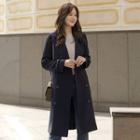 Pleat-back Trench Coat With Sash Navy Blue - One Size