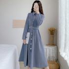 Long-sleeve Belted Midi A-line Corduroy Shirtdress