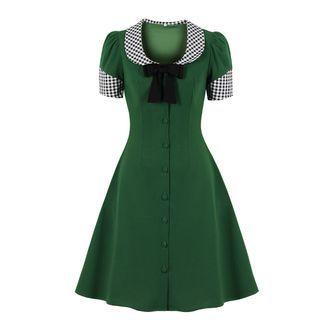 Short-sleeve Bow Check Trim A-line Dress