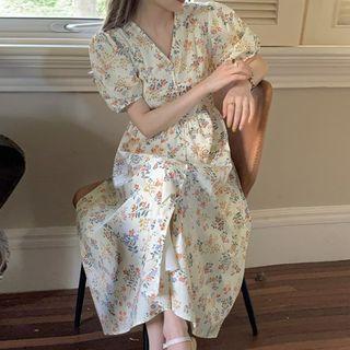 Puff-sleeve Floral Print Midi A-line Dress Floral Print - Beige - One Size