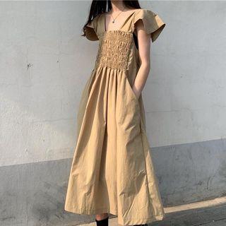 Sleeveless Square-neck Plain Dress Khaki - One Size