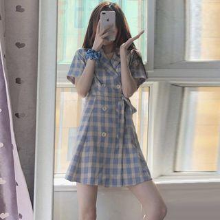 Short-sleeve Double-breasted Plaid Blazer Dress