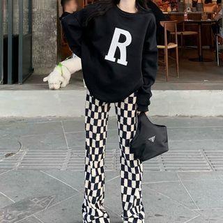 Lettering Sweatshirt / Checker Print Bootcut Pants