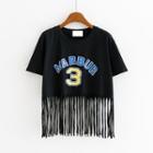 Lettering Fringed Cropped Short Sleeve T-shirt