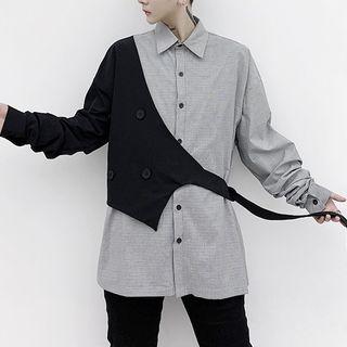 Color-block Mock Two Piece Long-sleeve Shirt