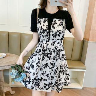 Short-sleeve Mock Two-piece Floral Print Mini Dress