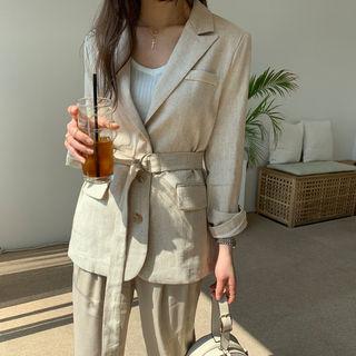 Belted Linen Blend Blazer Beige - One Size