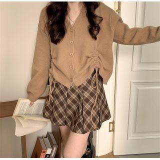 V-neck Drawstring Cardigan / High-waist Plaid Accordion Pleat Mini Skirt