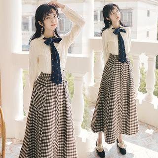 Set: Fringed Trim Blouse + Checked Midi A-line Skirt