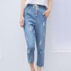 Drawstring Distressed Cropped Jeans