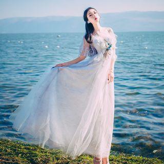 Elbow-sleeve Embroidered A-line Evening Gown