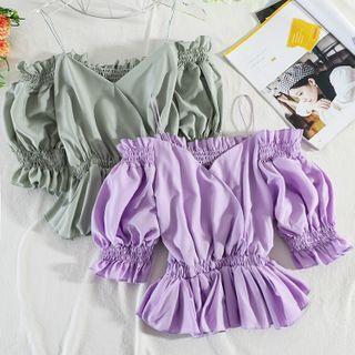 Ruffled Bell-sleeve Cropped Chiffon Blouse