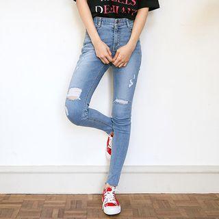 Hidden-band Waist Distressed Slim-fit Jeans