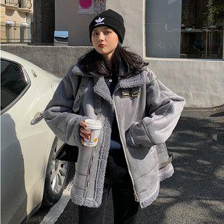 Faux Suede Fleece-lined Zip-up Jacket