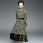 Long-sleeve Lace Panel Belted Dress
