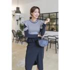 Set: Frilled-trim Color-block Knit Top + Wrap-front Midi Skirt