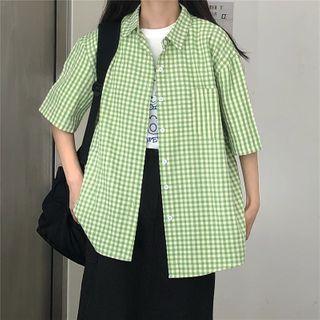 Elbow-sleeve Gingham Shirt Green - One Size