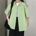 Elbow-sleeve Gingham Shirt Green - One Size