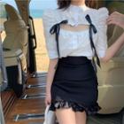 Short-sleeve Bow-accent Cut-out Shirt / Plain Ruffle Trim Mini Skirt