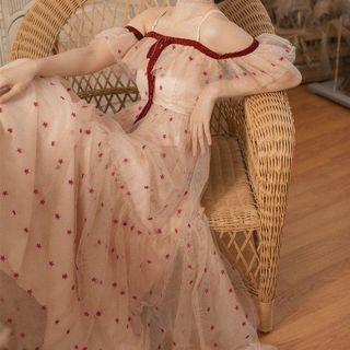 Short-sleeve Embroidered Star Patterned Mesh A-line Maxi Dress