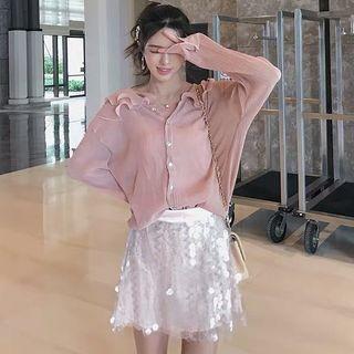 Set: Long-sleeve Top + Spaghetti Strap Top + Sequin Mini A-line Skirt