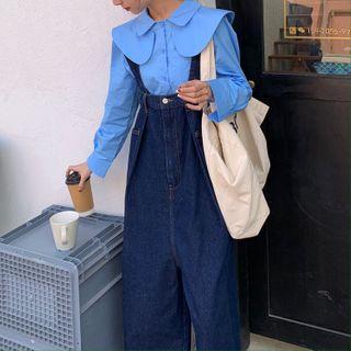Wide-leg Denim Suspender Pants Blue - One Size