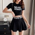 Set: Lettering Short-sleeve Cropped T-shirt + Pleated Mini Skirt