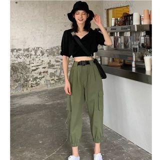 Short-sleeve Cropped Top / Harem Cargo Pants