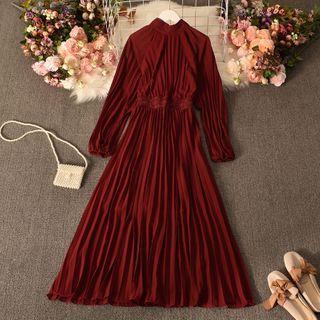 Plain Pleated Maxi A-line Dress Red - One Size