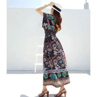 V-neck Gathered-waist Pattern Dress