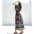V-neck Gathered-waist Pattern Dress
