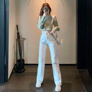 Cropped Cold Shoulder Sweatshirt / Straight Leg Jeans